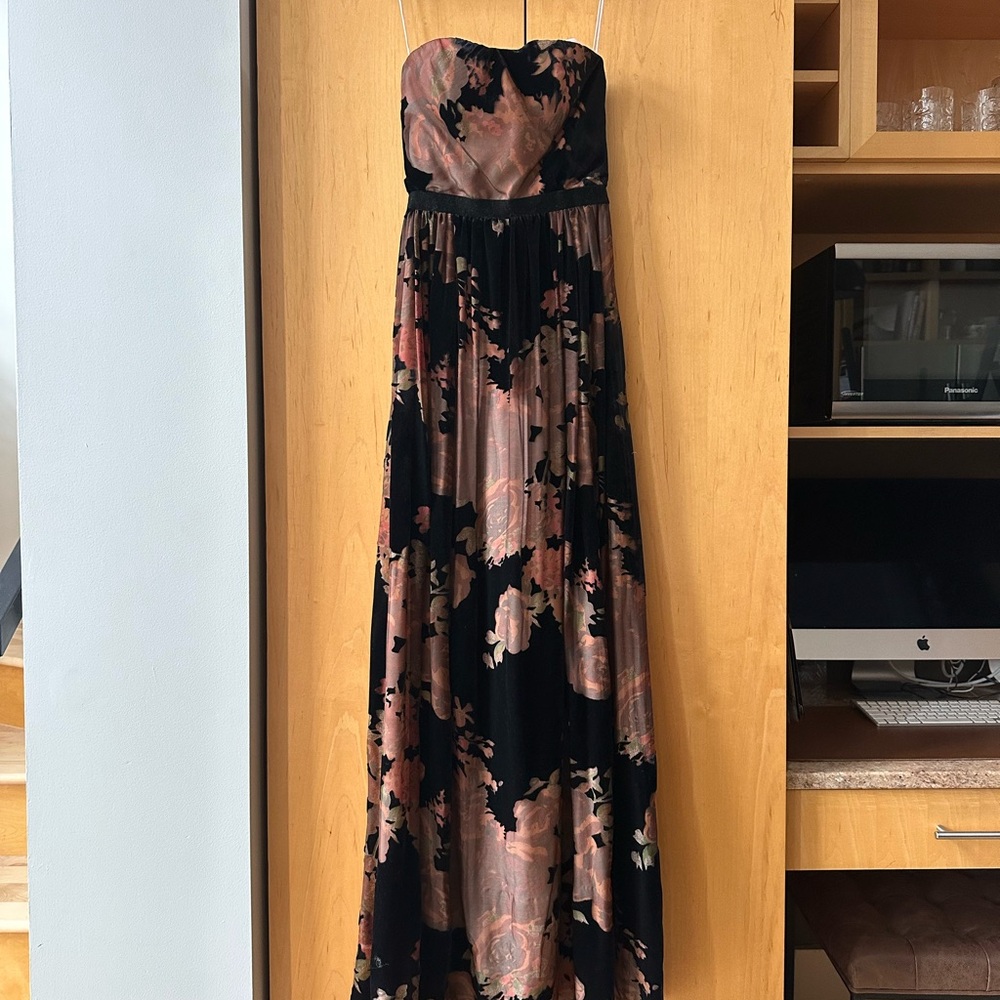 Elegant Black and Pink Floral Strapless Maxi Dress